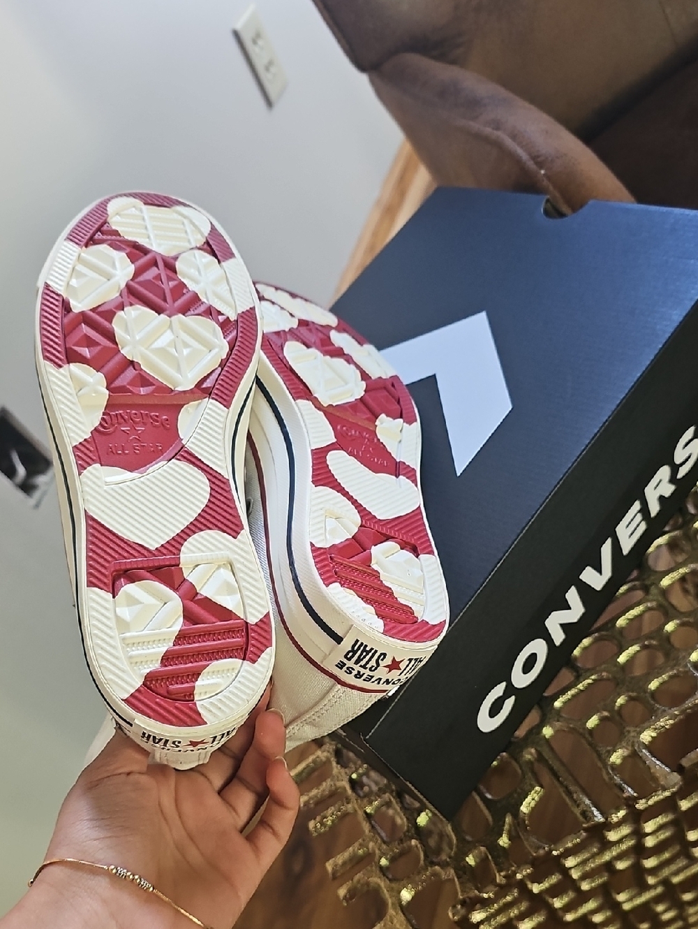 Brand-New Custom Converse White High-Top Sneakers with Red Accent Hearts - Picture 5 of 5